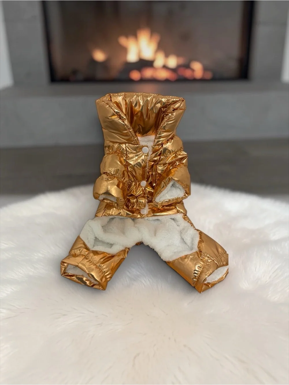 Metallic Gold Puffer Dog Coat with Full-Body Coverage. Size M